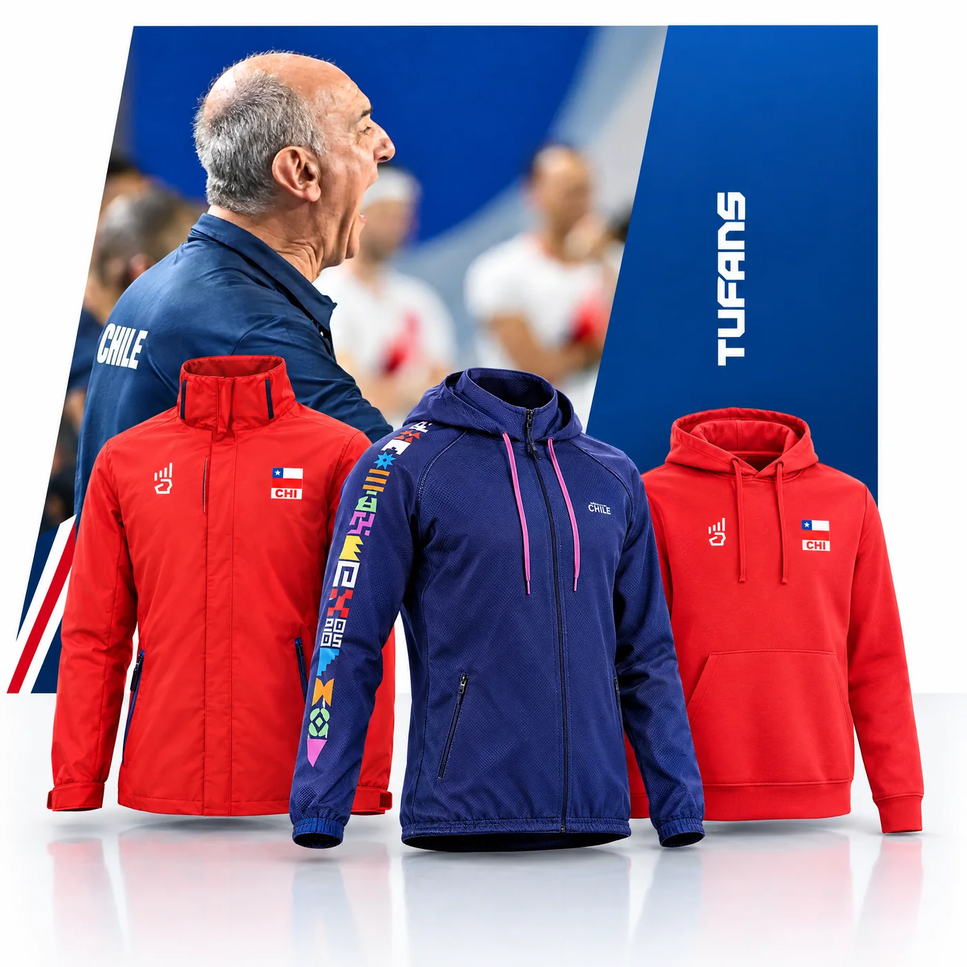 Entrenador de la selección chilena de vóleibol junto a chaqueta roja CHI, cortavientos azul y polerón rojo con la marca TUFANS
